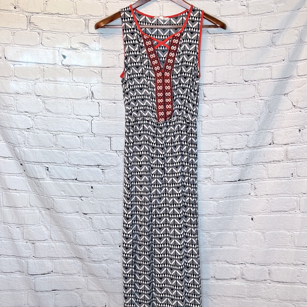 THML Black White Orange Trim Sleeveless Maxi Embroidered Dress Size X-Small